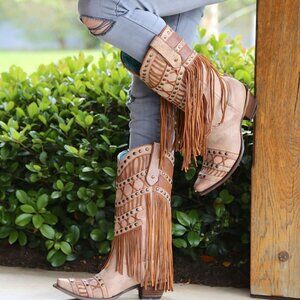 CORRAL Beige FRINGE Studs COWGIRL Rodeo Boots!! 8.5